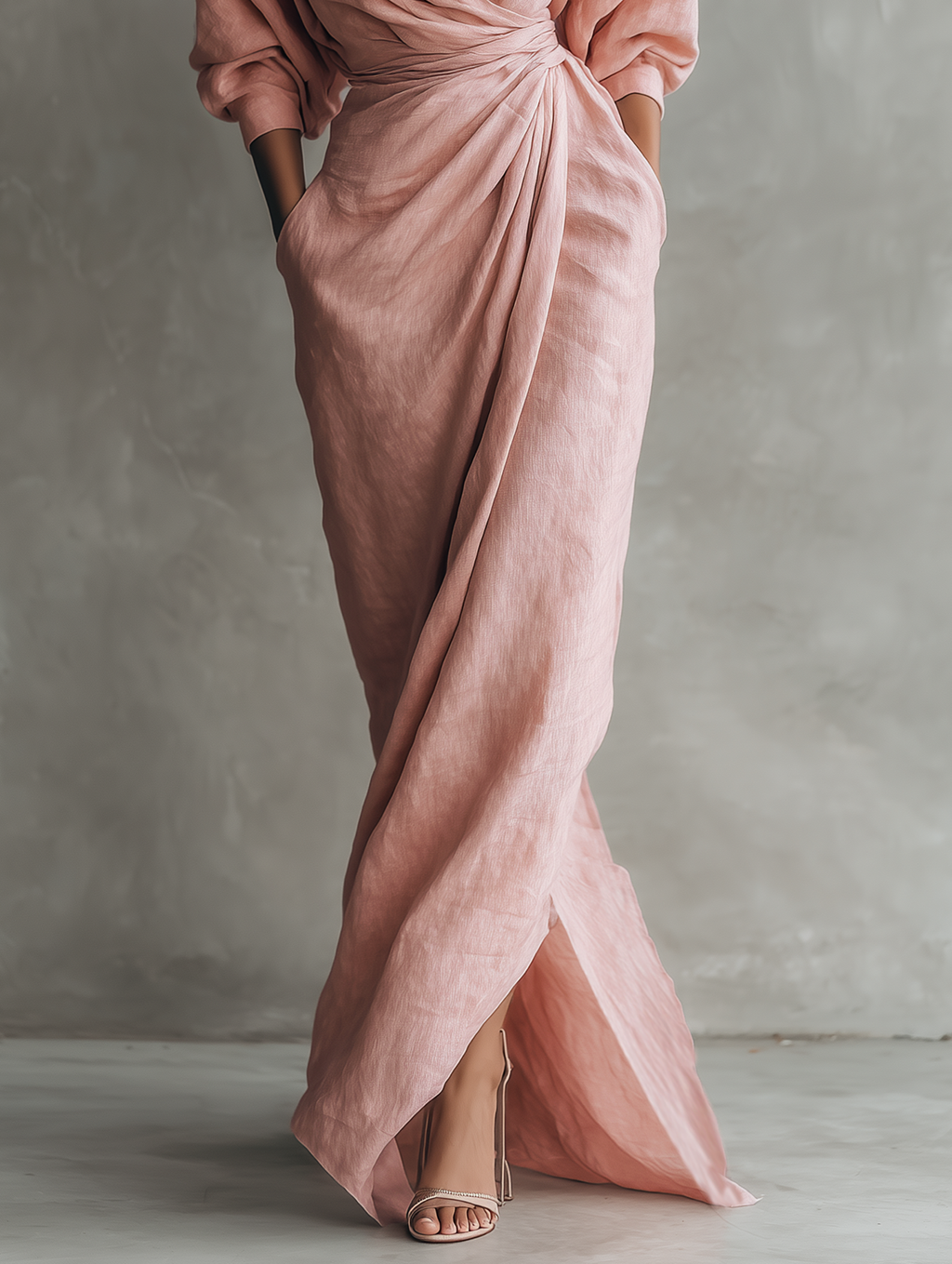 LUCIANA™ | Minimalist Pink V-Neck Maxi Dress in Linen Blend