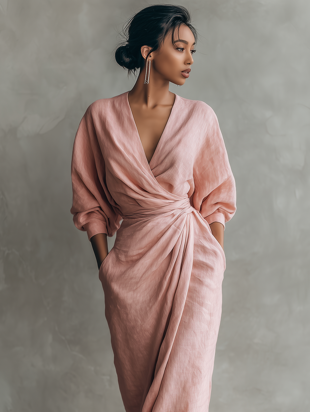 LUCIANA™ | Minimalist Pink V-Neck Maxi Dress in Linen Blend