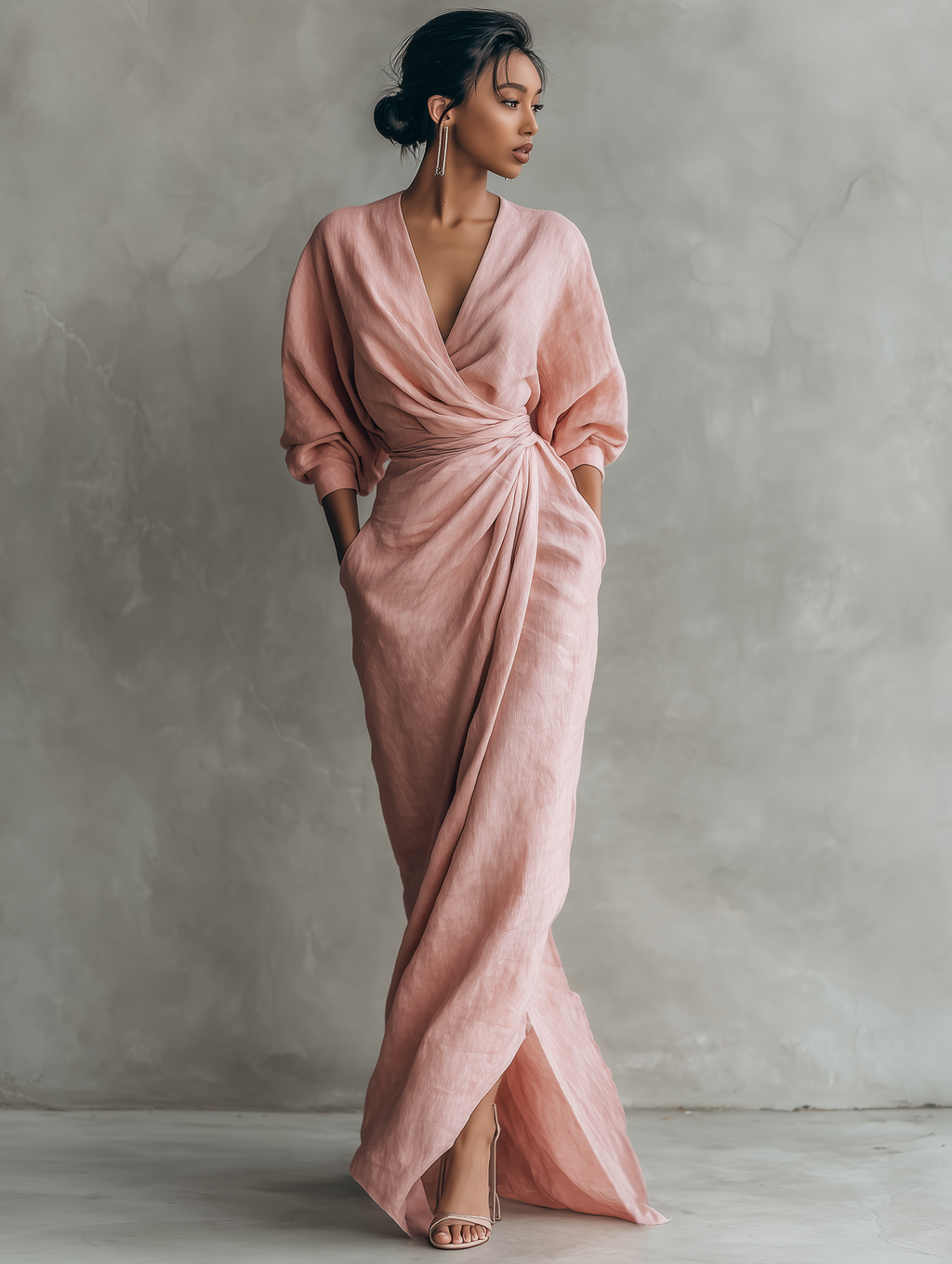 LUCIANA™ | Minimalist Pink V-Neck Maxi Dress in Linen Blend