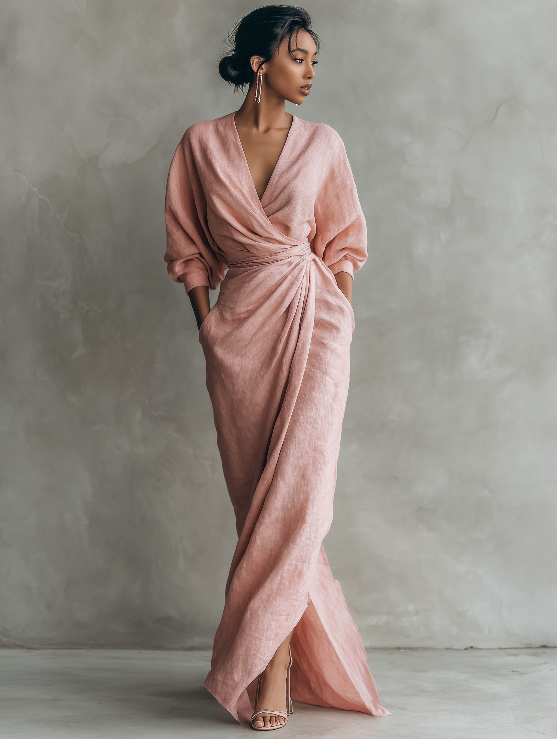 LUCIANA™ | Minimalist Pink V-Neck Maxi Dress in Linen Blend