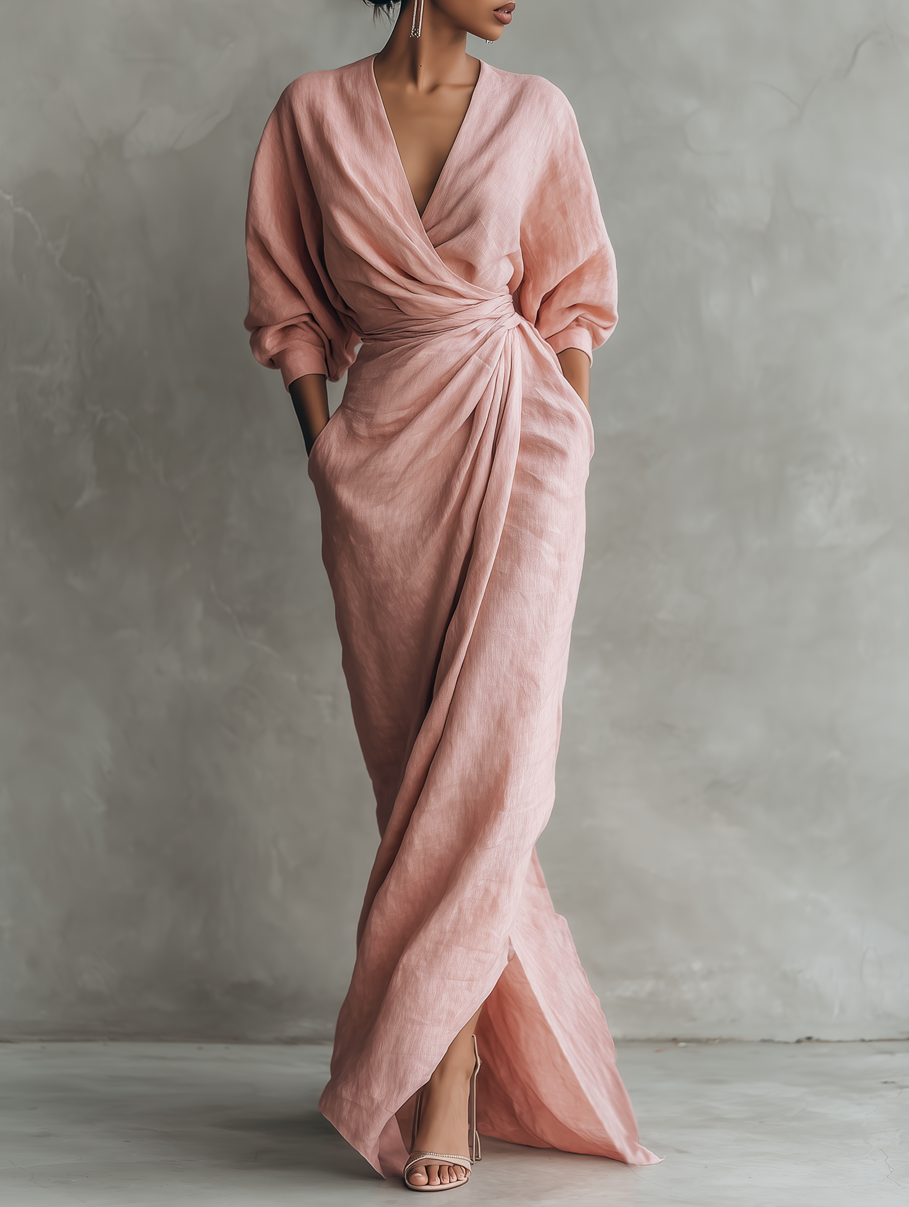 LUCIANA™ | Minimalist Pink V-Neck Maxi Dress in Linen Blend