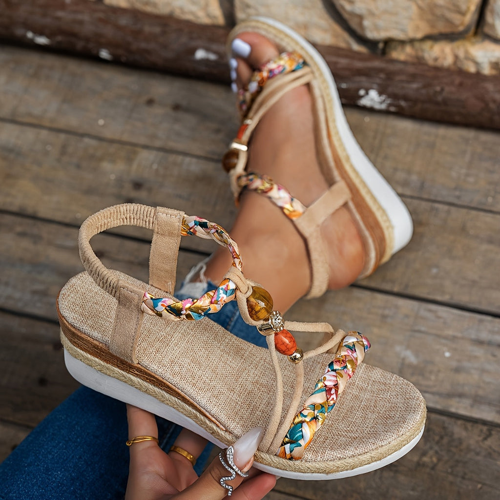 Boho wedge sandals with braided detailing and colourful beads