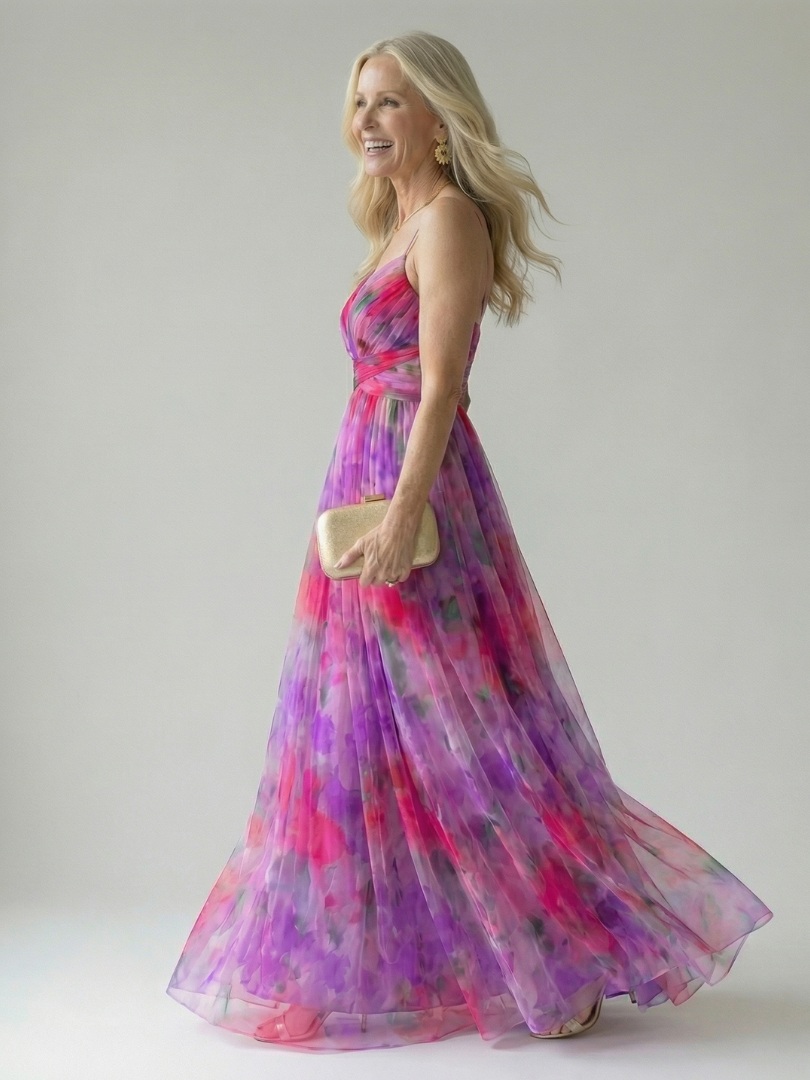 Multicolour sleeveless wrap maxi dress with thin straps, defined waist and flowing skirt