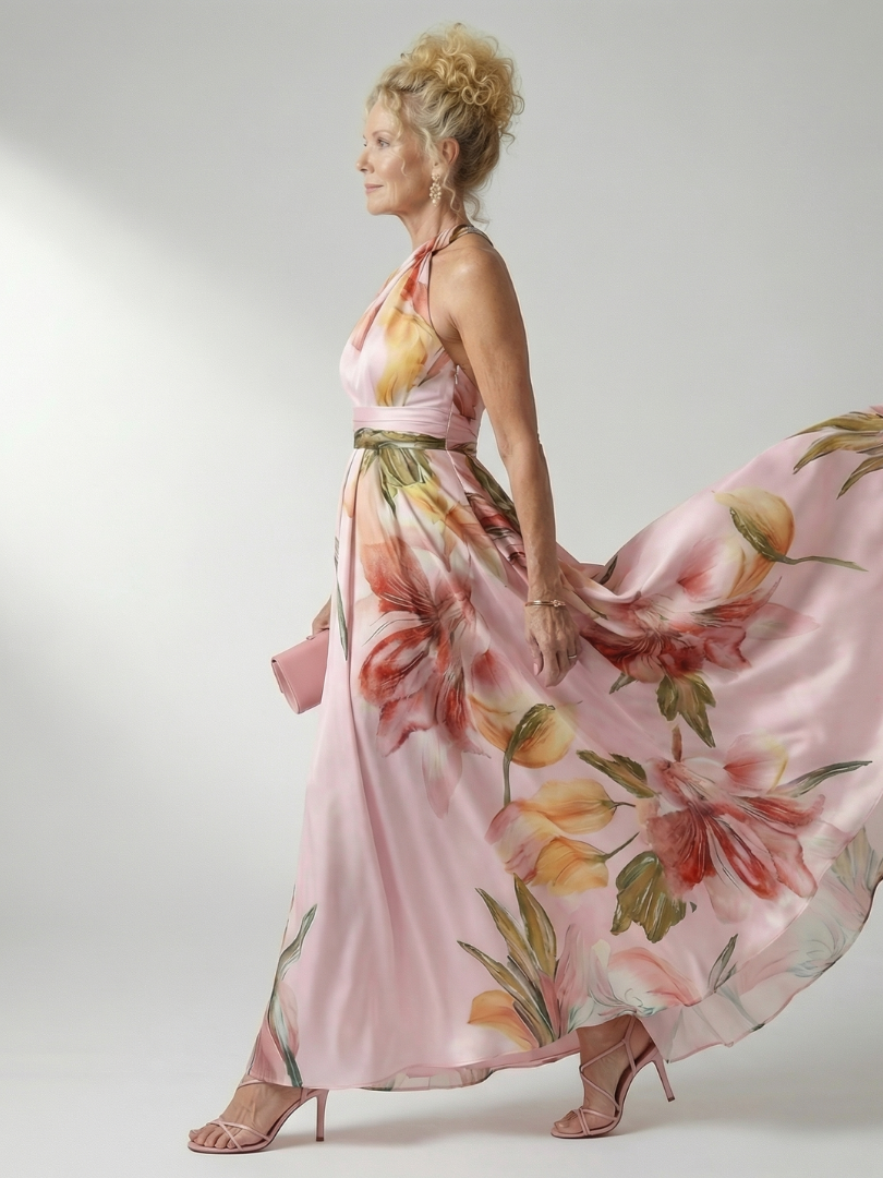 White floral halter-neck maxi dress with large bold print and flowing relaxed skirt