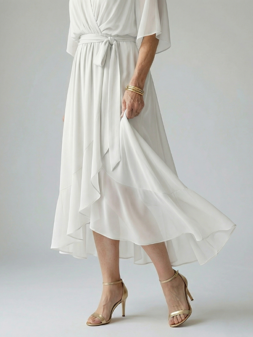 Green floaty midi dress with a draped V-neckline and soft bow waist detail