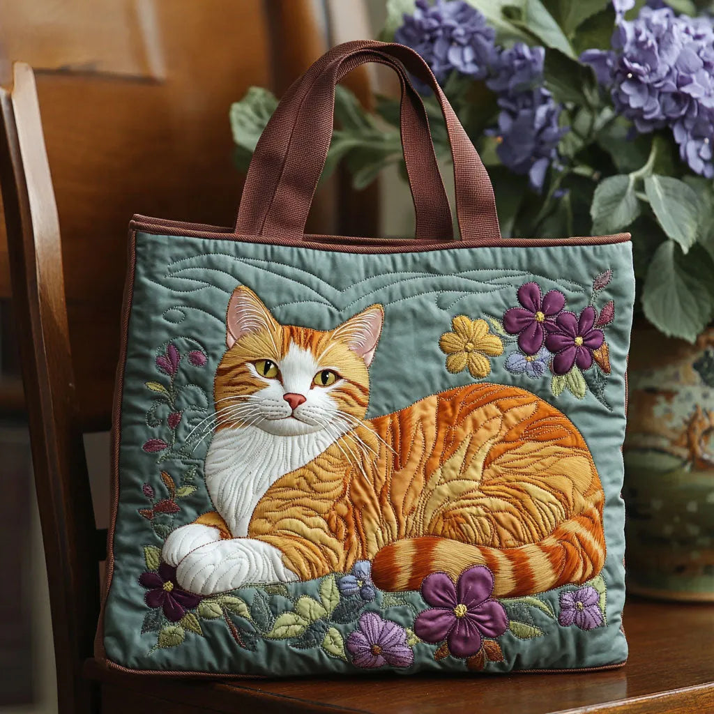 Quilted tote bag featuring a ginger orange cat in a decorative setting