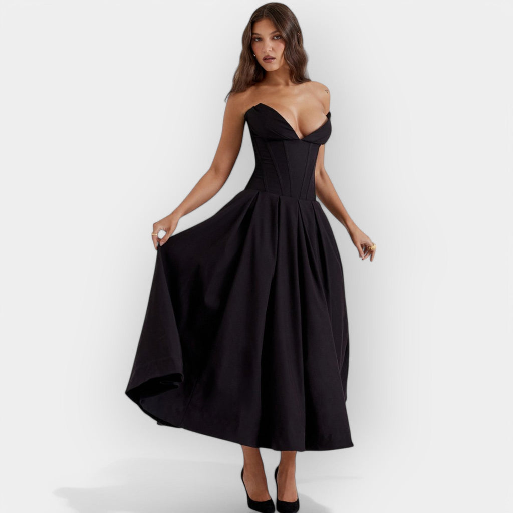 Long floaty printed maxi dress with high waist in black and rich jewel tones