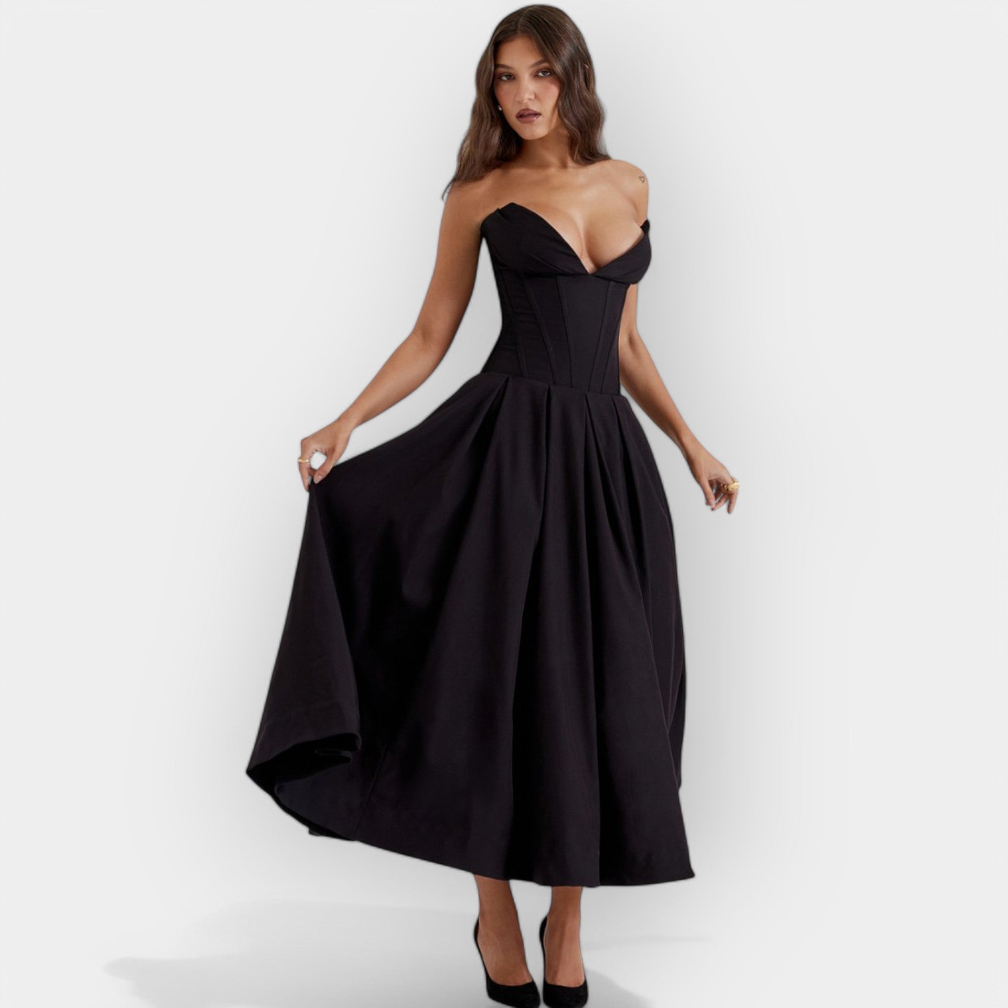 Long floaty printed maxi dress with high waist in black and rich jewel tones