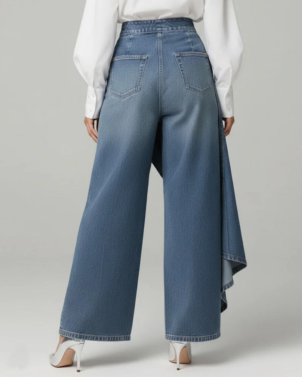 Light blue wide-leg asymmetric trousers with a structured wrap detail at the front