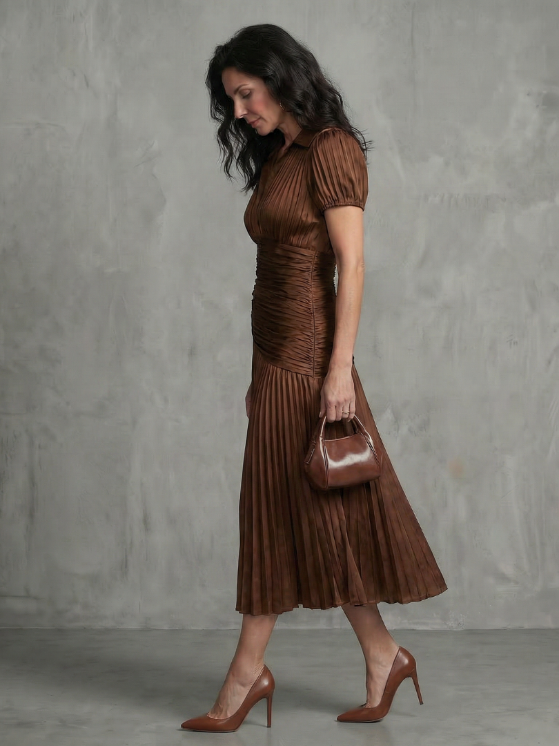 Blue and white striped midi dress with collared neckline and gently pleated waist and skirt