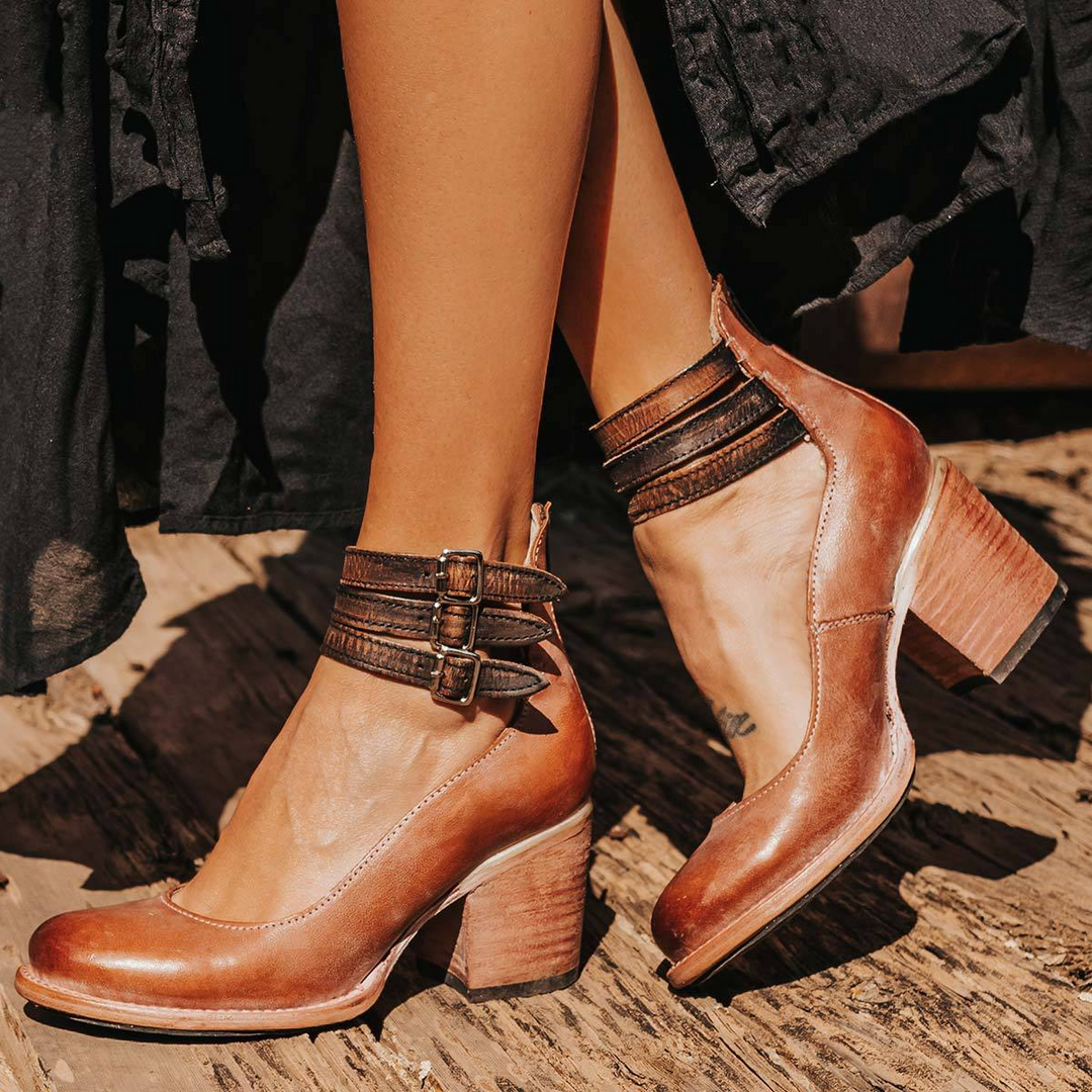 Women's block heel strappy shoes in brown with a vintage-inspired multi-strap design