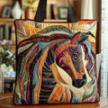 Quilted tote bag with a multicolour mosaic horse design and wave-stitch quilted pattern