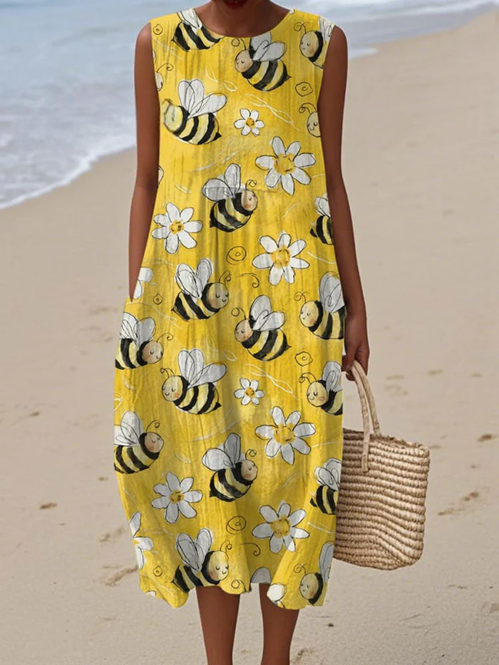 A bright yellow sleeveless dress with a playful buzzing bee and daisy print pattern