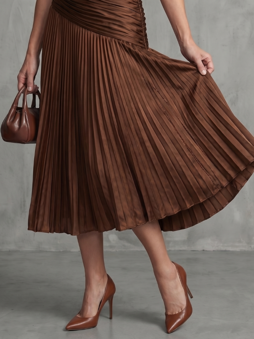 Blue and white striped midi dress with collared neckline and gently pleated waist and skirt