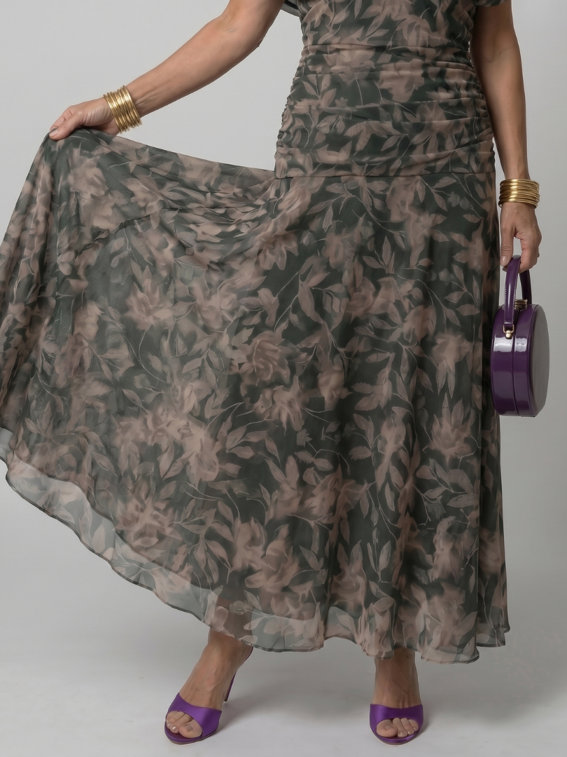 Purple off-shoulder midi dress with draped neckline and gently flared skirt