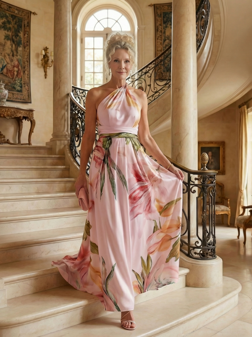 White floral halter-neck maxi dress with large bold print and flowing relaxed skirt