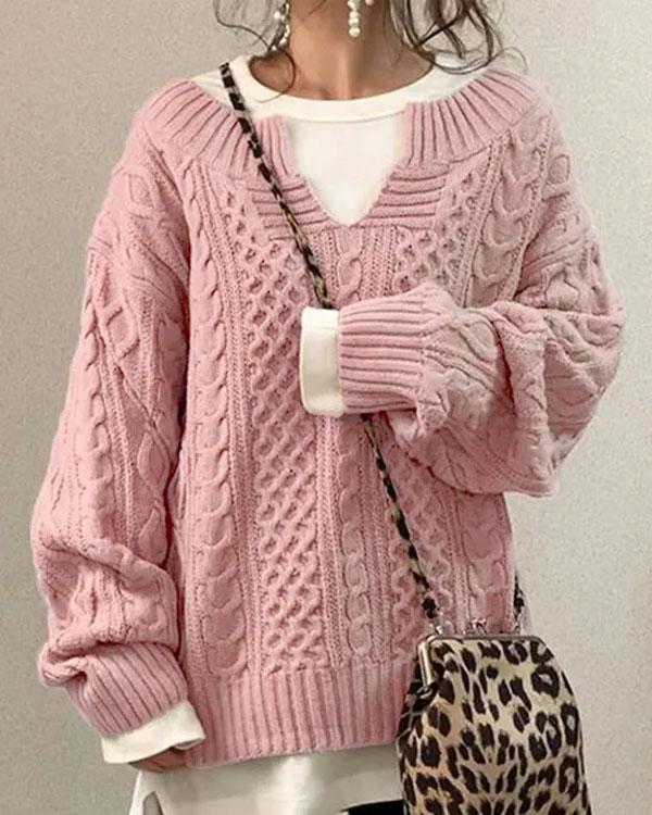Beige cable knit v-neck jumper with classic textured pattern and relaxed fit
