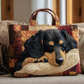 Quilted tote bag with a dachshund dog print on a structured wave-stitch body