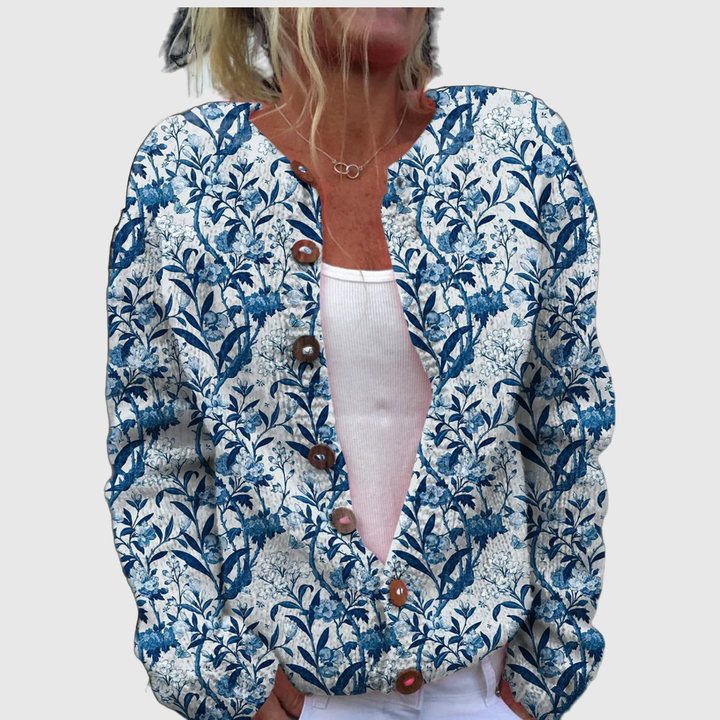 Nuala cardigan with artful blue leaves and vines on white – Mary Cork