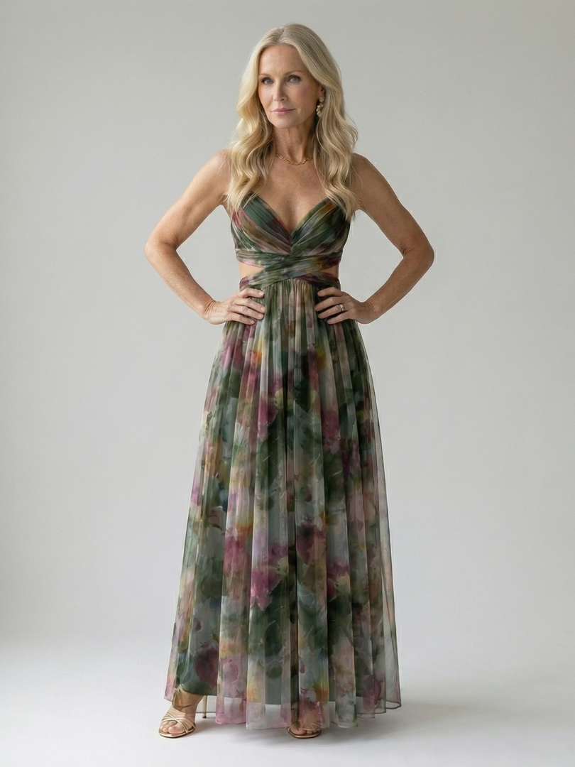 Multicolour sleeveless wrap maxi dress with thin straps, defined waist and flowing skirt