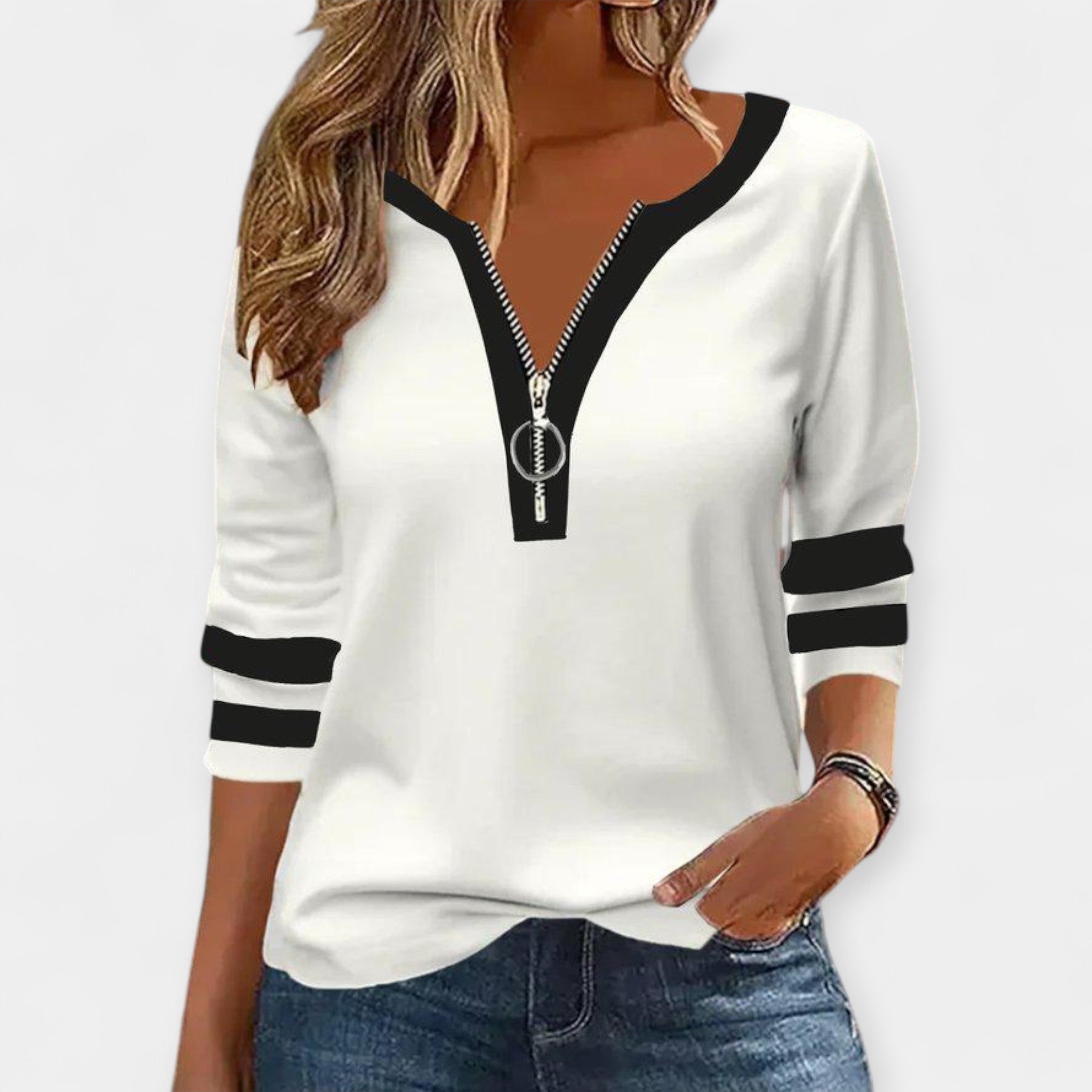 Long-sleeve striped blouse with V-neck zip detail in a relaxed everyday fit