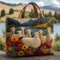Quilted tote bag with sheep grazing beside a tranquil lake in a pastoral Irish countryside scene