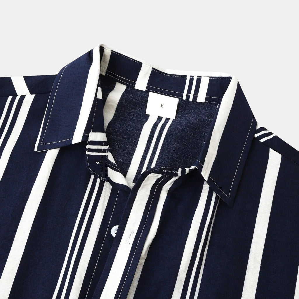 Men's striped summer shirt in navy and white with a classic straight cut