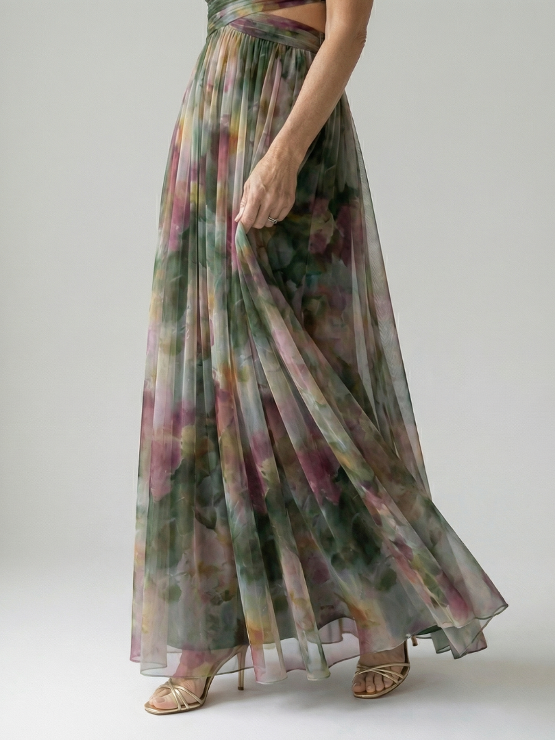 Multicolour sleeveless wrap maxi dress with thin straps, defined waist and flowing skirt