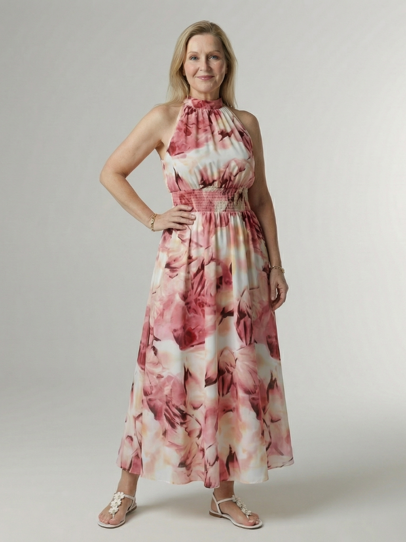 Yellow halter neck midi dress with a ruched waist detail in a clean, simple silhouette