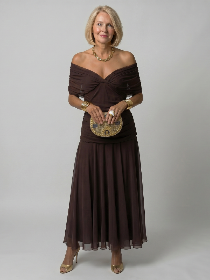 Purple off-shoulder midi dress with draped neckline and gently flared skirt