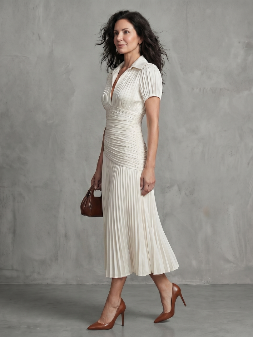 Blue and white striped midi dress with collared neckline and gently pleated waist and skirt