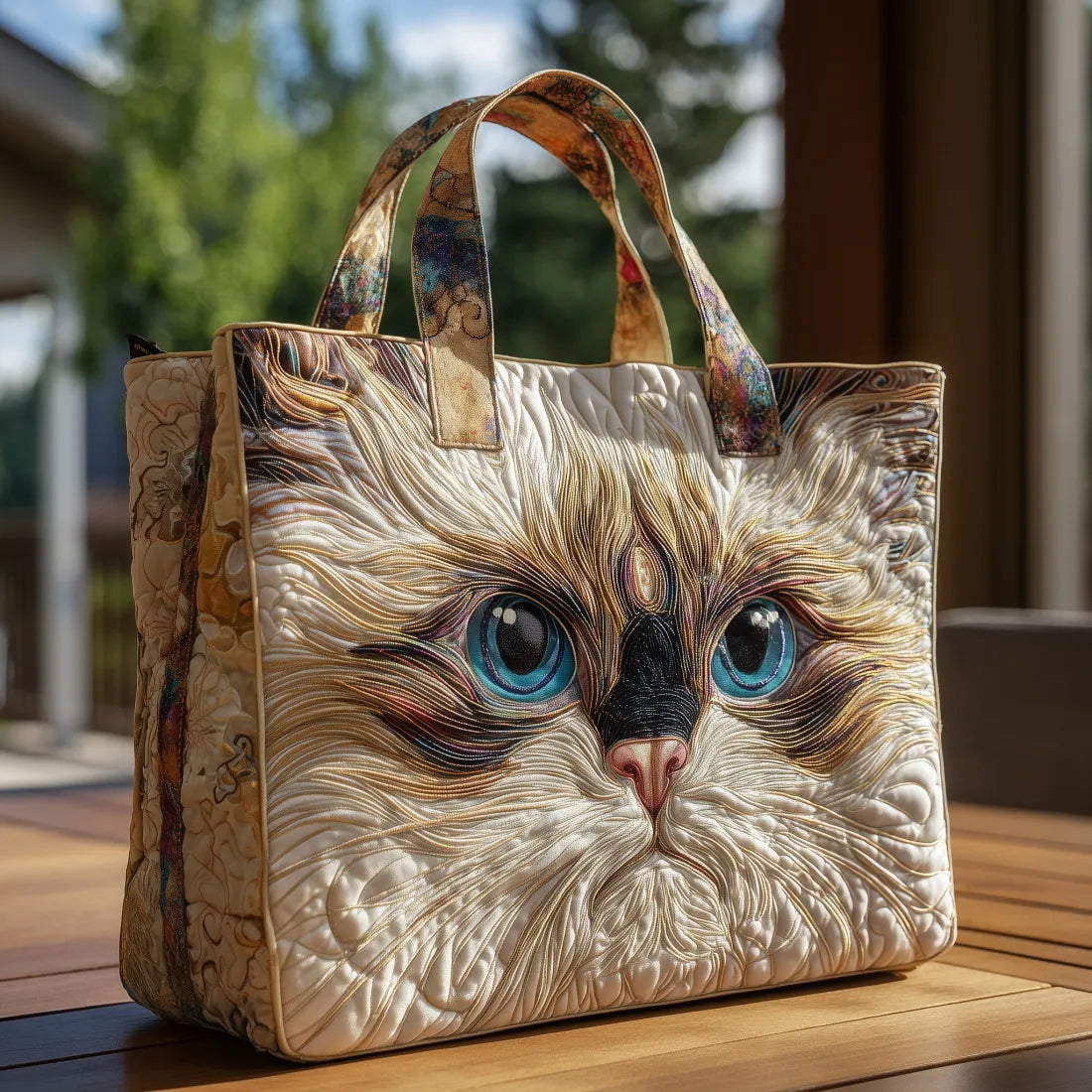 Quilted tote bag featuring a white cat with blue eyes on a padded structured body with wave-stitch detail