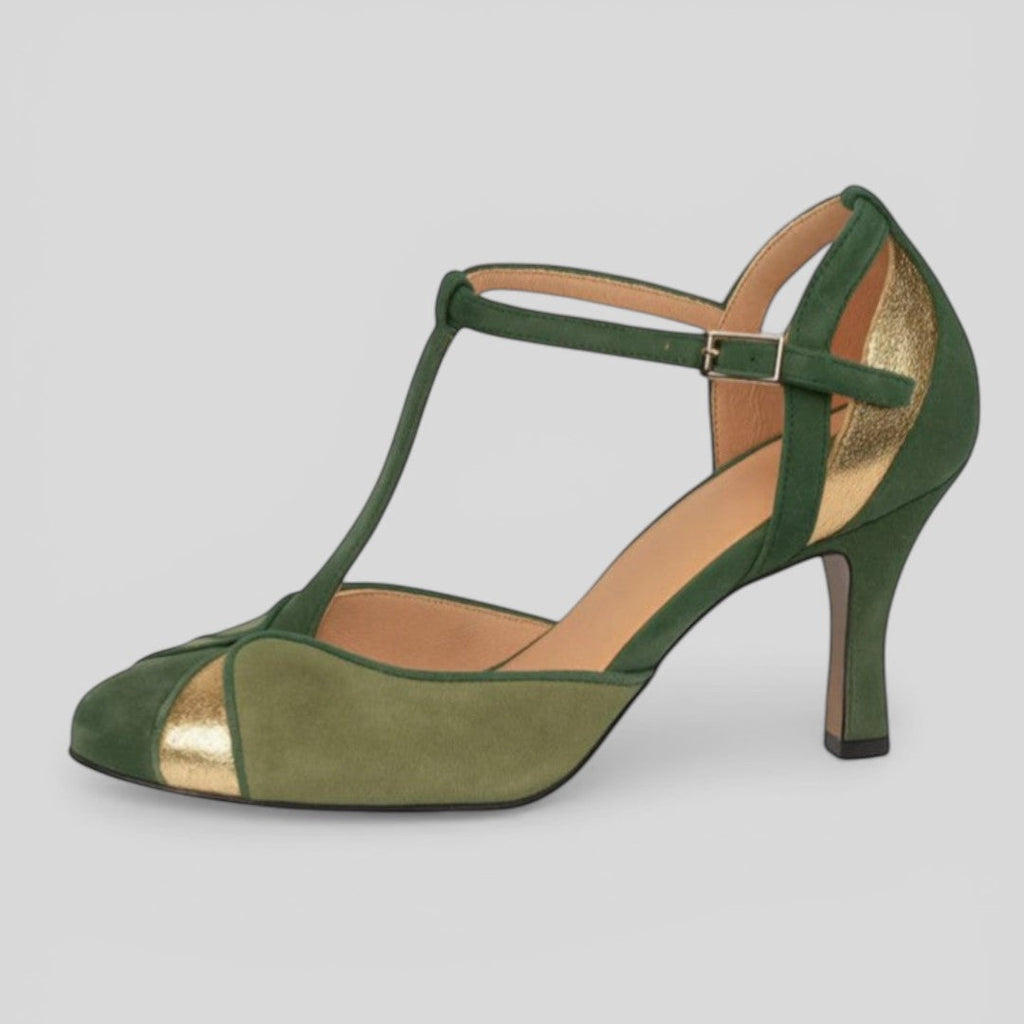 Women's open-toe heels in green with a wide stable heel and adjustable ankle strap