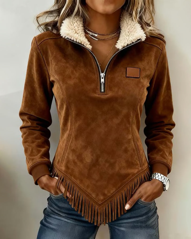 Women's half-zip sweatshirt with a soft inner lining and decorative hem detail
