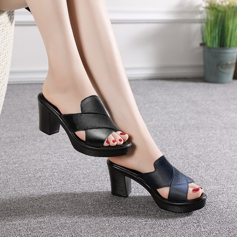 Block heel orthopedic sandals in green, black and brown with a wide crossover strap