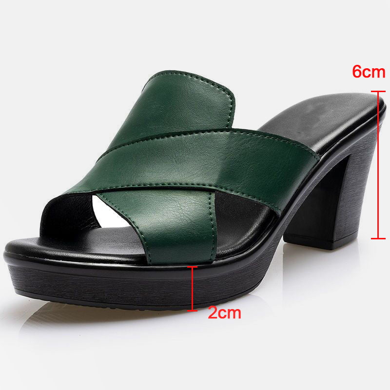 Block heel orthopedic sandals in green, black and brown with a wide crossover strap