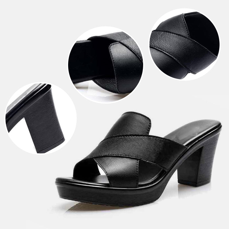 Block heel orthopedic sandals in green, black and brown with a wide crossover strap