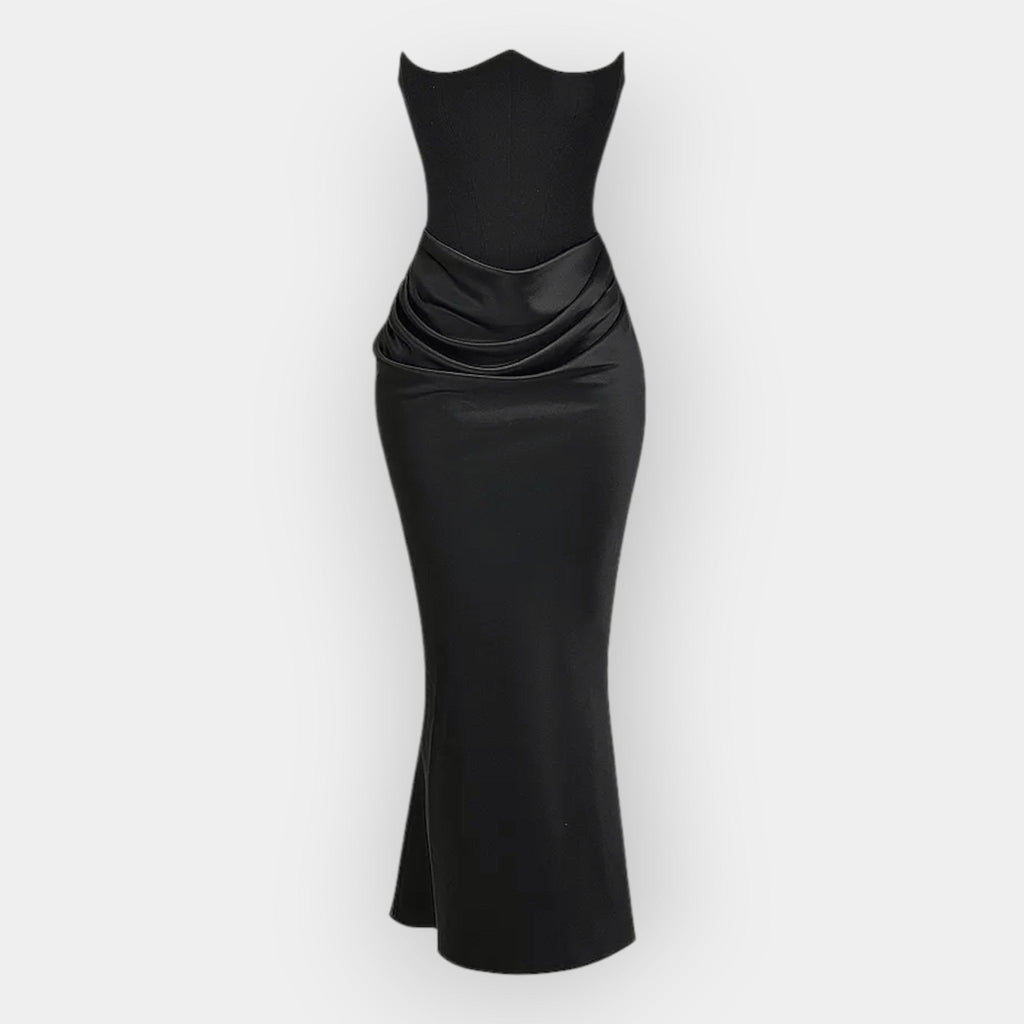 Women's minimalist maxi dress in black with a fluid drape and clean, elegant silhouette