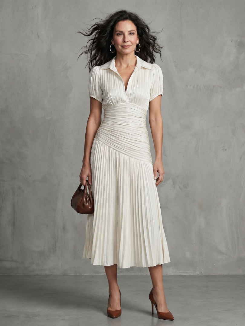 Blue and white striped midi dress with collared neckline and gently pleated waist and skirt