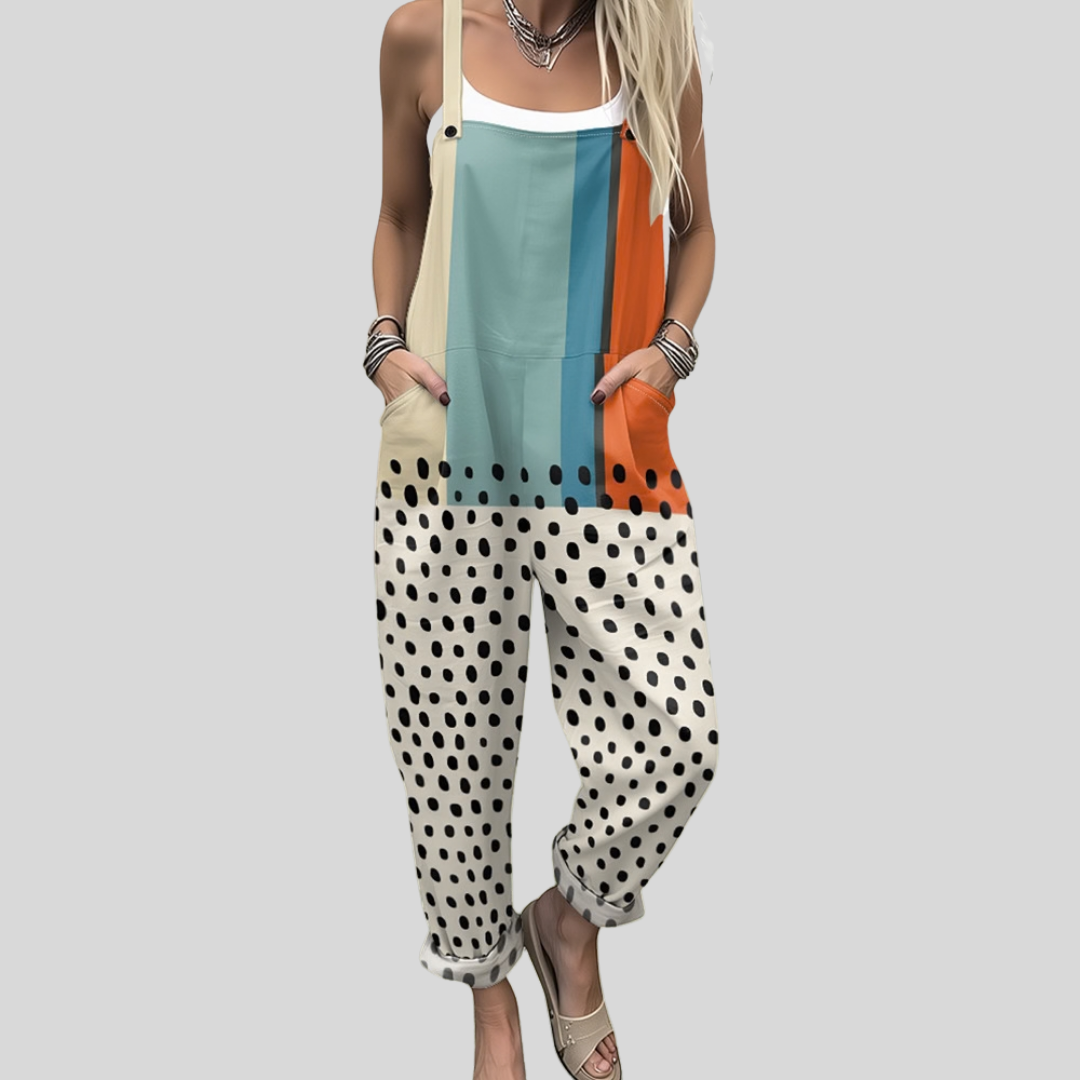 Bairbre™ wide-leg dungarees with a teal and orange colour-block bib and black polka dots on a cream wide-leg.