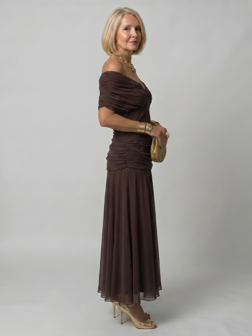 Purple off-shoulder midi dress with draped neckline and gently flared skirt