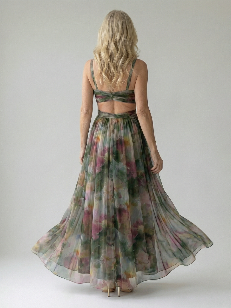 Multicolour sleeveless wrap maxi dress with thin straps, defined waist and flowing skirt