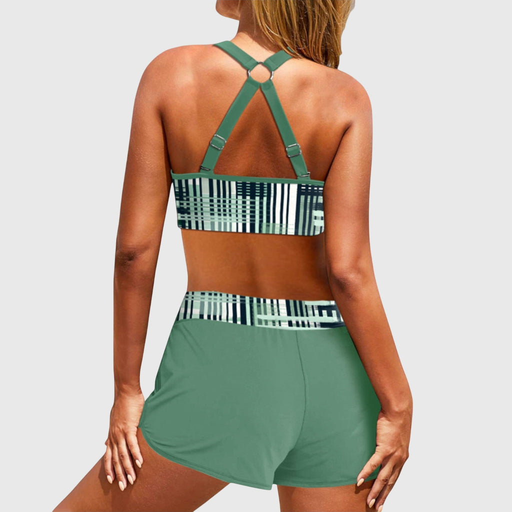 High-waist stripe bikini in green and purple colourways
