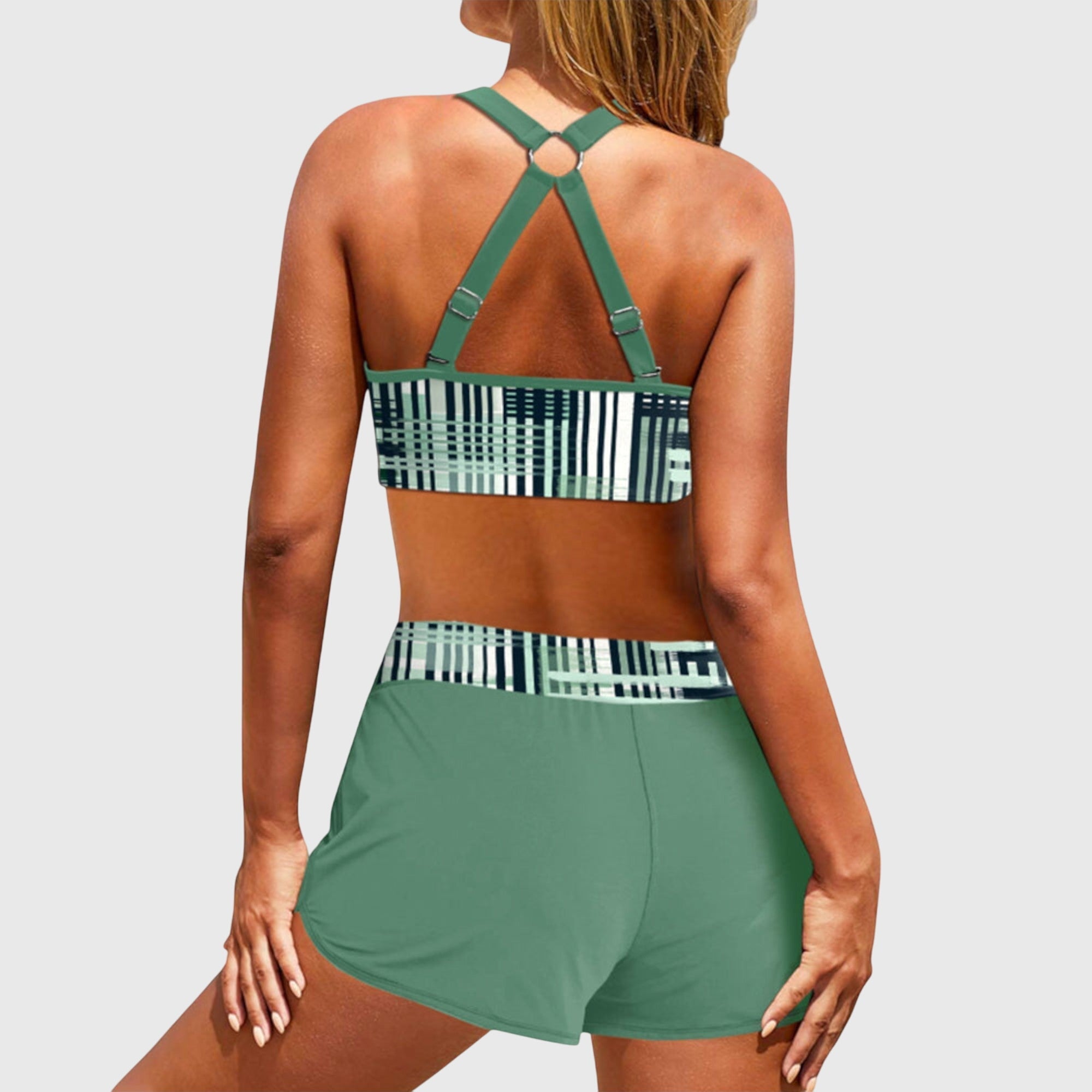 High-waist stripe bikini in green and purple colourways