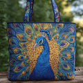 Quilted tote bag with a vivid peacock motif and wave-stitch pattern in a padded, structured design