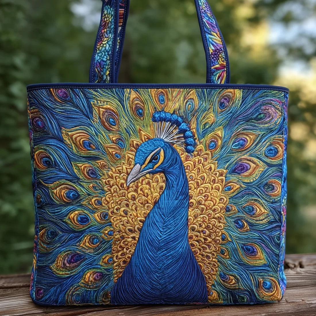 Quilted tote bag with a vivid peacock motif and wave-stitch pattern in a padded, structured design