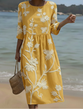 Flowing midi dress with a soft botanical floral and plant print in a relaxed silhouette