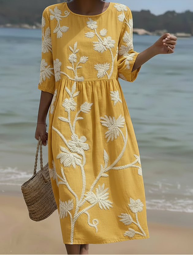 Flowing midi dress with a soft botanical floral and plant print in a relaxed silhouette