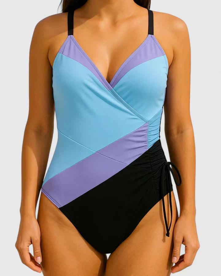 Women's striped ruched-front swimsuit in black, navy, rose, light blue and marine stripe colourways