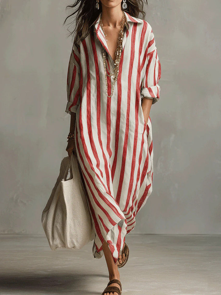 Women's striped maxi dress in pink and white with a classic shirt collar and flowing silhouette